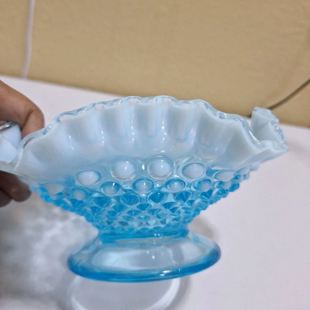 Vintage Fenton Blue Opalescent Hobnail Ruffled Bowl & Basket Set Milk Glass